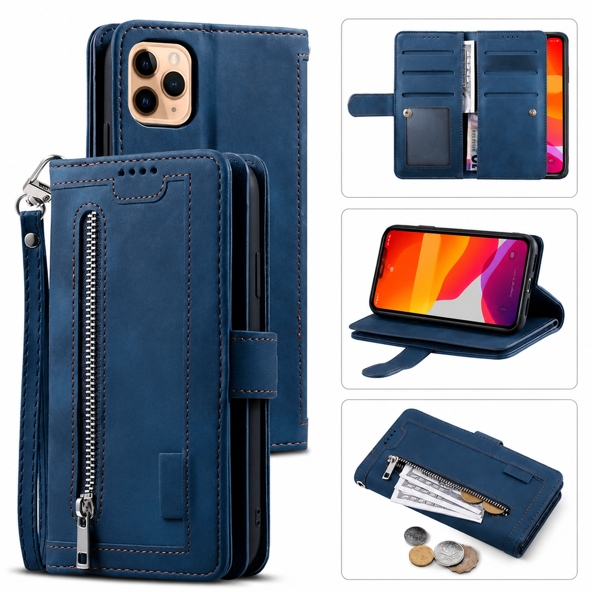 Premium iPhone Case Flip Wallet MagSafe Compatible Leather Zipper Card Holder Shockproof Protective Cover Strap Stand Function Camera Lens Protection