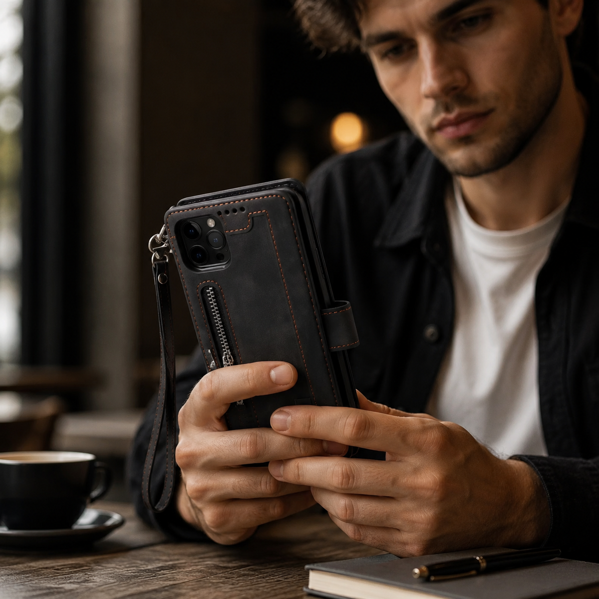 Premium iPhone Case Flip Wallet MagSafe Compatible Leather Zipper Card Holder Shockproof Protective Cover Strap Stand Function Camera Lens Protection