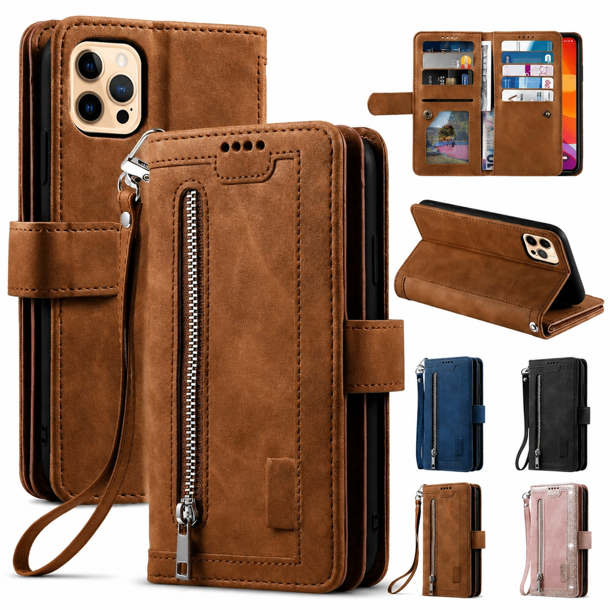 Premium iPhone Case Flip Wallet MagSafe Compatible Leather Zipper Card Holder Shockproof Protective Cover Strap Stand Function Camera Lens Protection