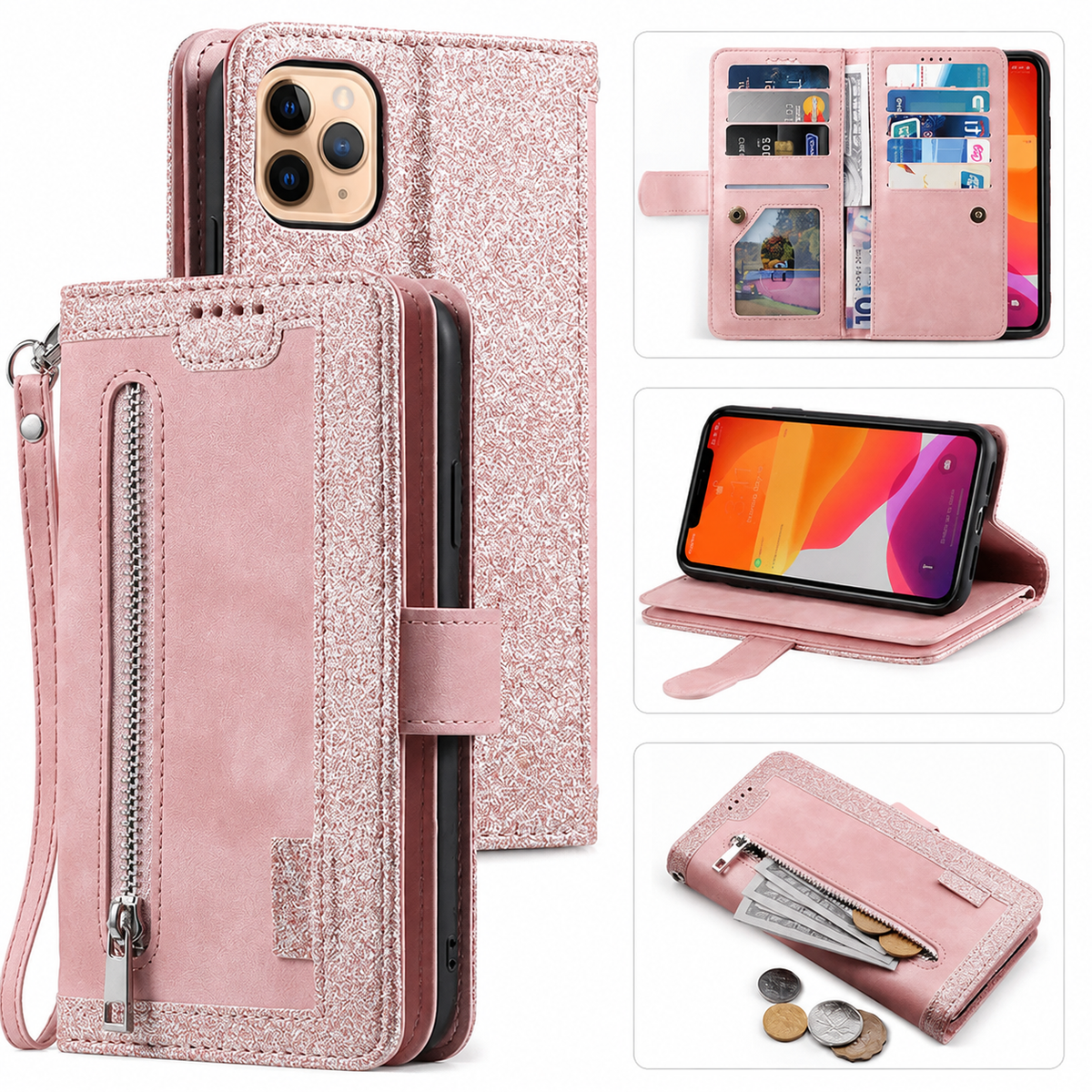 Premium iPhone Case Flip Wallet MagSafe Compatible Leather Zipper Card Holder Shockproof Protective Cover Strap Stand Function Camera Lens Protection