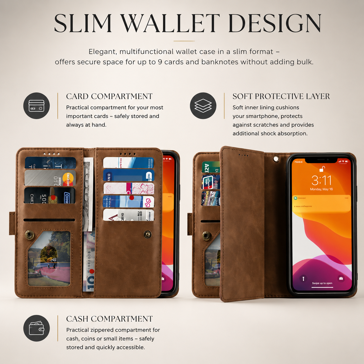 Premium iPhone Case Flip Wallet MagSafe Compatible Leather Zipper Card Holder Shockproof Protective Cover Strap Stand Function Camera Lens Protection