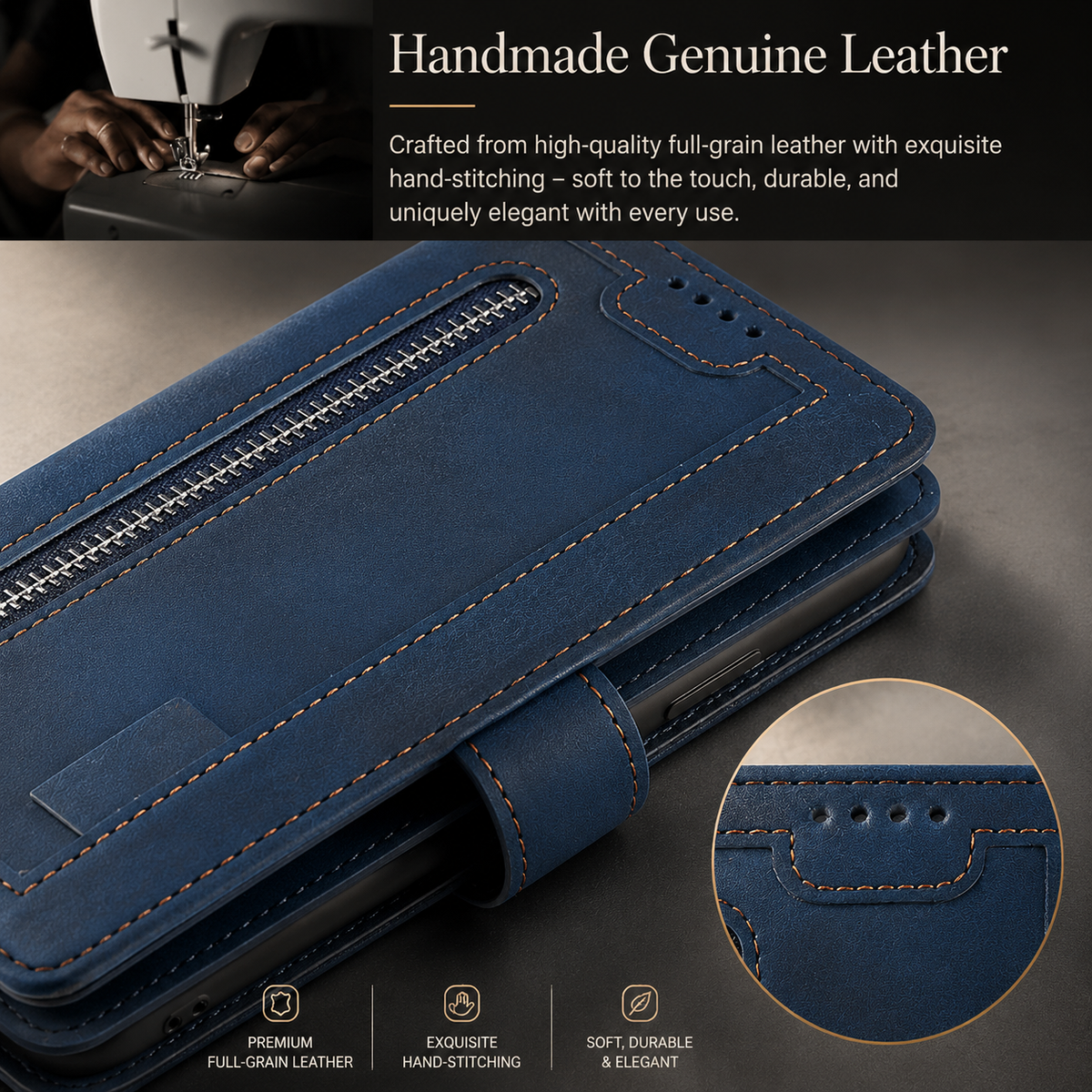 Premium iPhone Case Flip Wallet MagSafe Compatible Leather Zipper Card Holder Shockproof Protective Cover Strap Stand Function Camera Lens Protection