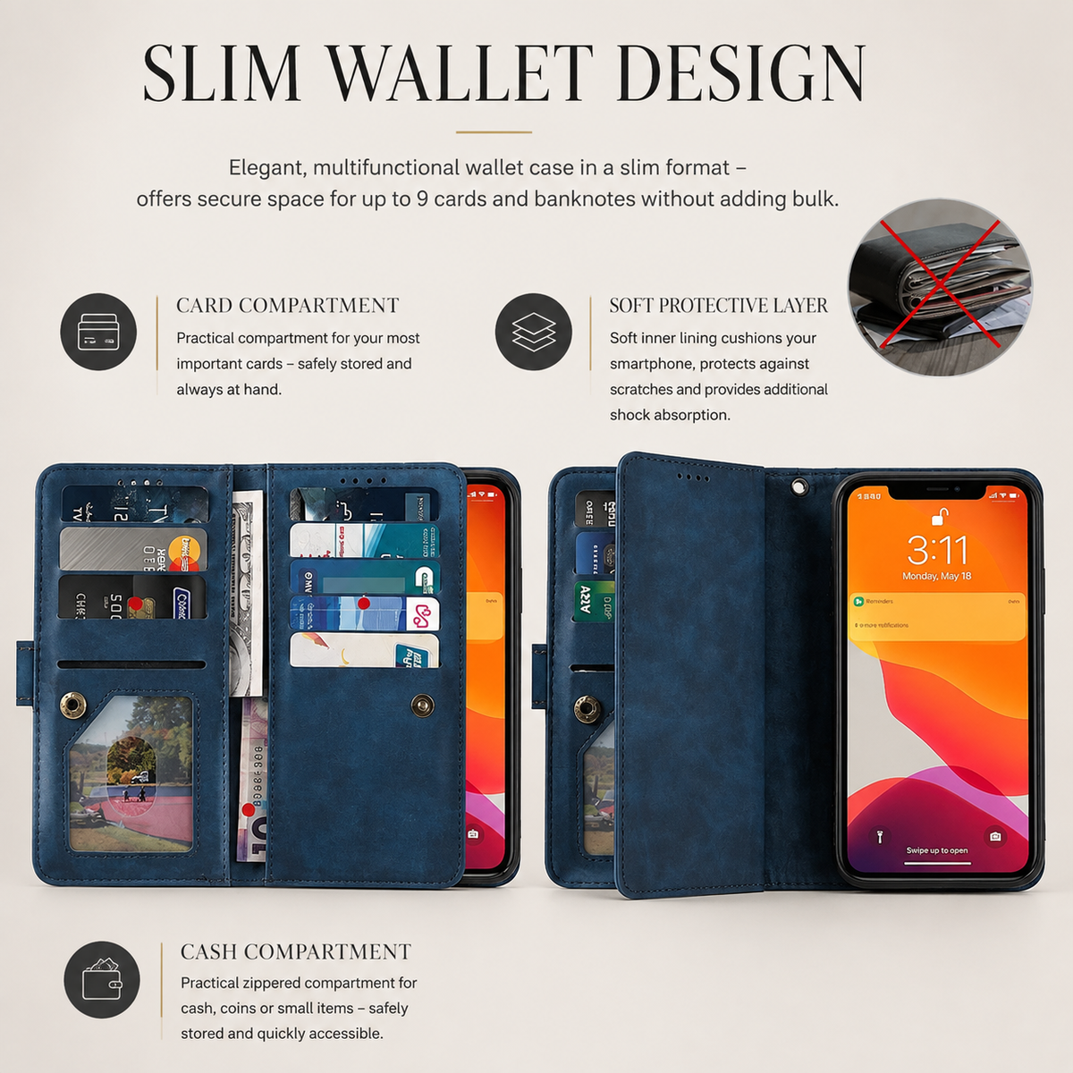 Premium iPhone Case Flip Wallet MagSafe Compatible Leather Zipper Card Holder Shockproof Protective Cover Strap Stand Function Camera Lens Protection