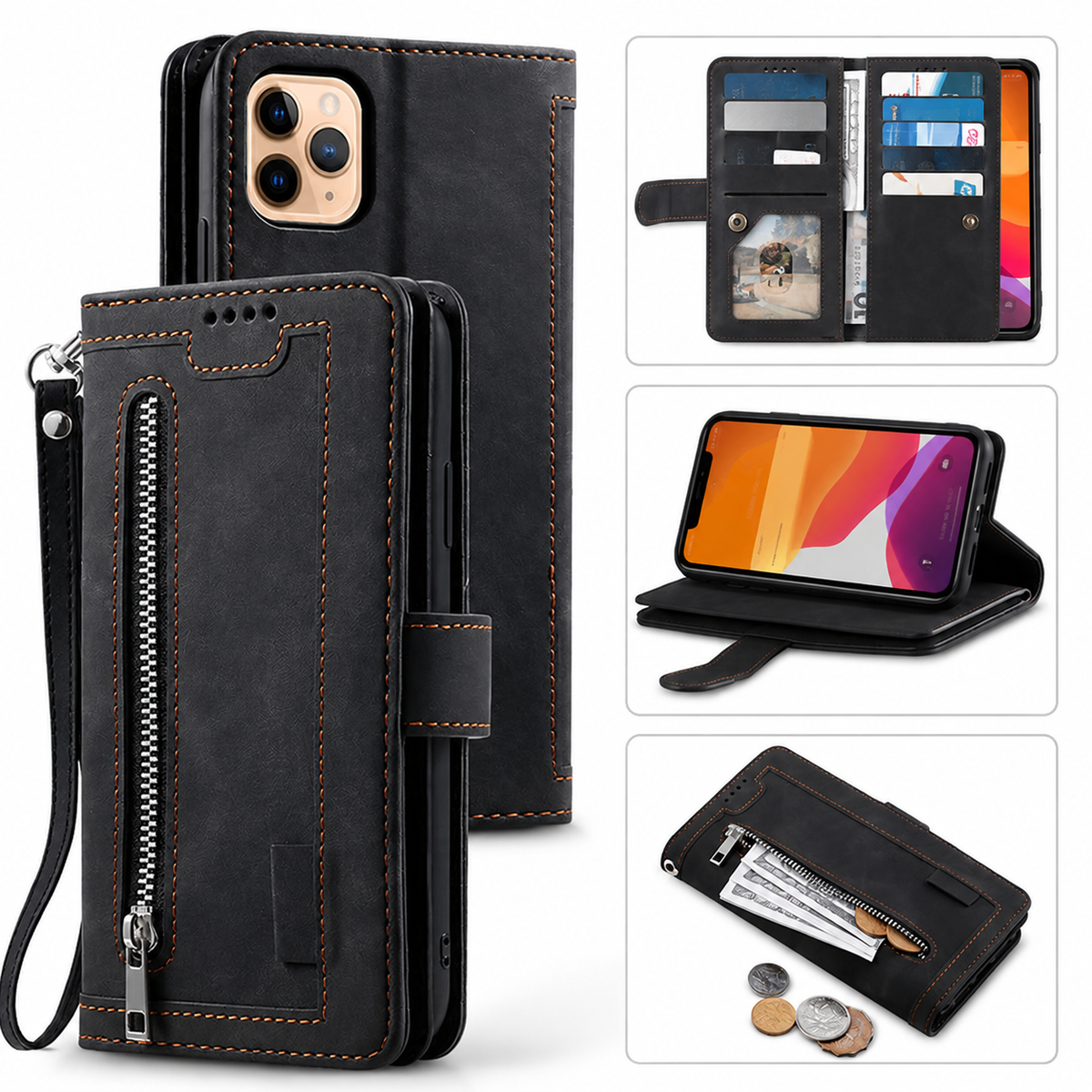 Premium iPhone Case Flip Wallet MagSafe Compatible Leather Zipper Card Holder Shockproof Protective Cover Strap Stand Function Camera Lens Protection