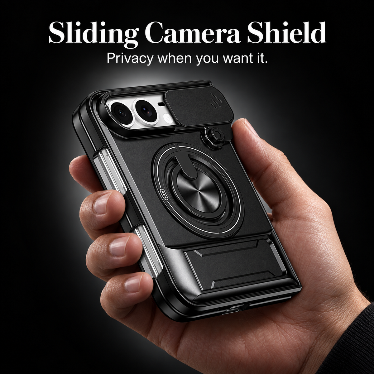 Premium iPhone Case Foldable Armor Slide Camera Lens Protector Magnetic Car Holder Ring Stand Shockproof PC TPU Tough Protective Cover Case Design