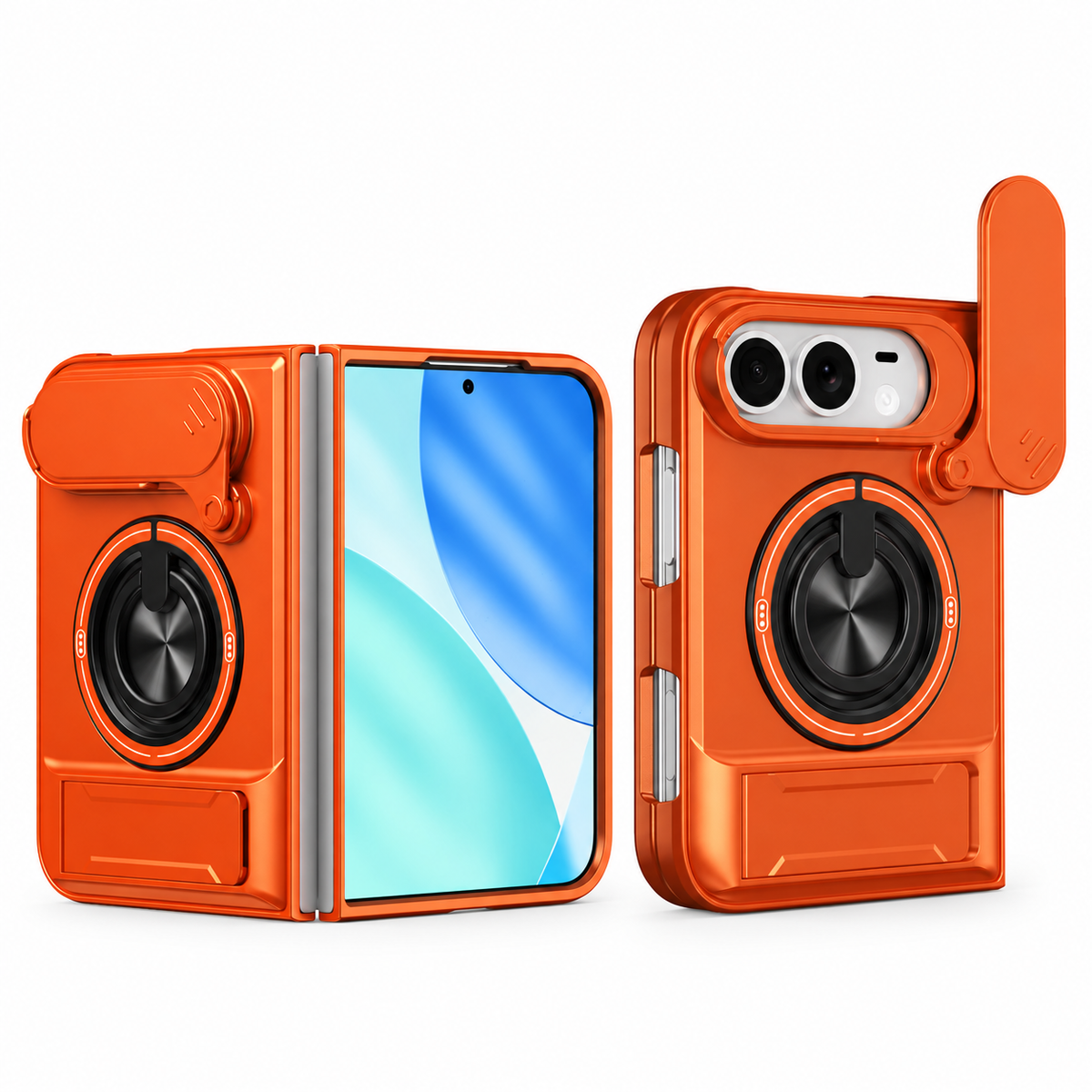 Premium iPhone Case Foldable Armor Slide Camera Lens Protector Magnetic Car Holder Ring Stand Shockproof PC TPU Tough Protective Cover Case Design