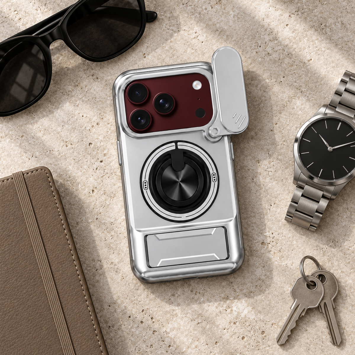 Premium iPhone Case Foldable Armor Slide Camera Lens Protector Magnetic Car Holder Ring Stand Shockproof PC TPU Tough Protective Cover Case Design