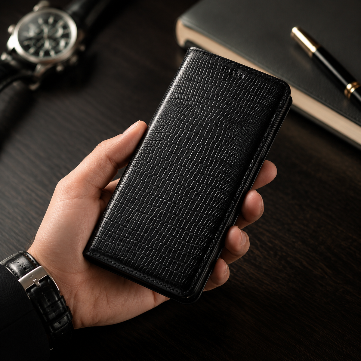 Premium iPhone Case Genuine Cowhide Leather Flip Cover Crocodile Grain Wallet Card Holder Magnetic Closure Shockproof Full Protection Slim Design
