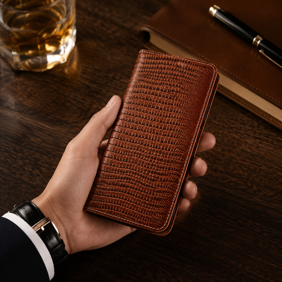 Premium iPhone Case Genuine Cowhide Leather Flip Cover Crocodile Grain Wallet Card Holder Magnetic Closure Shockproof Full Protection Slim Design