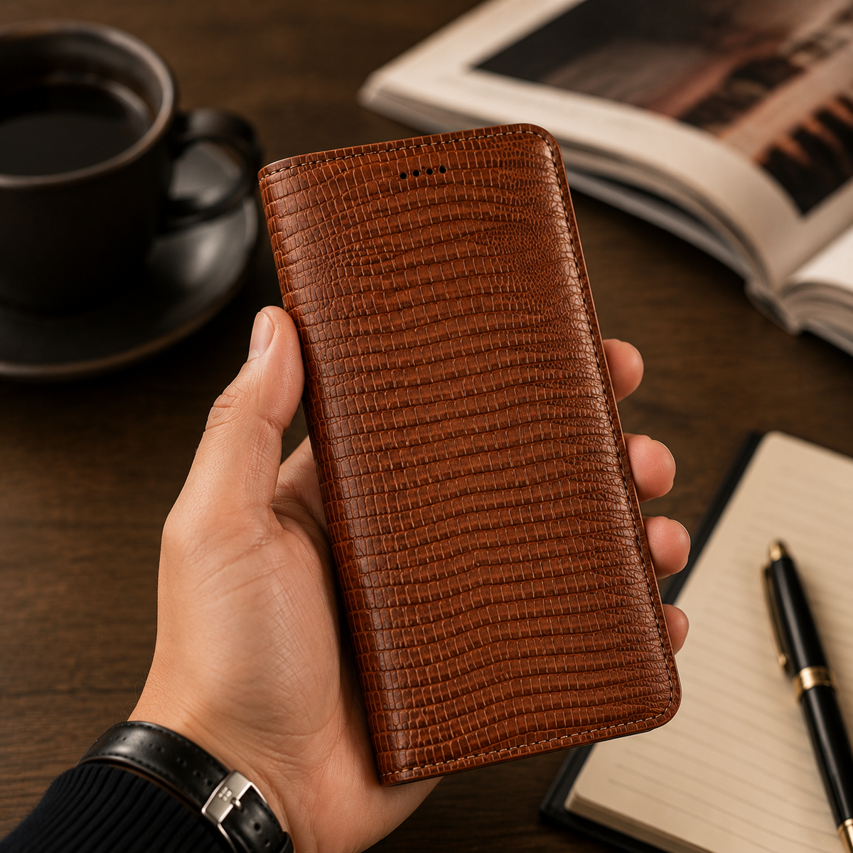 Premium iPhone Case Genuine Cowhide Leather Flip Cover Crocodile Grain Wallet Card Holder Magnetic Closure Shockproof Full Protection Slim Design