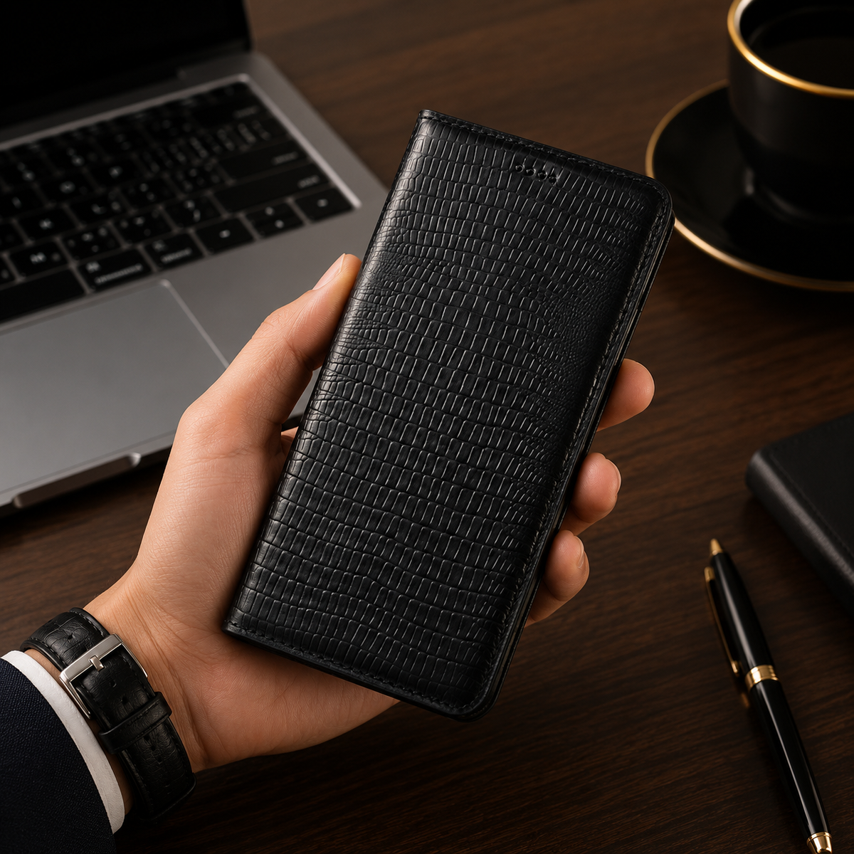 Premium iPhone Case Genuine Cowhide Leather Flip Cover Crocodile Grain Wallet Card Holder Magnetic Closure Shockproof Full Protection Slim Design