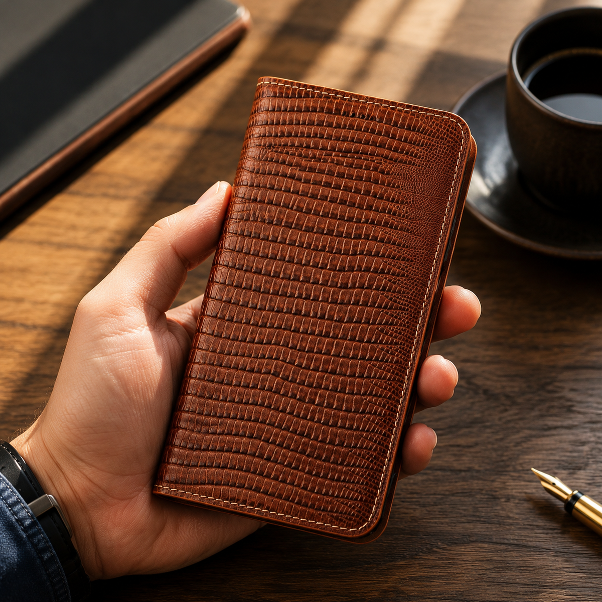 Premium iPhone Case Genuine Cowhide Leather Flip Cover Crocodile Grain Wallet Card Holder Magnetic Closure Shockproof Full Protection Slim Design