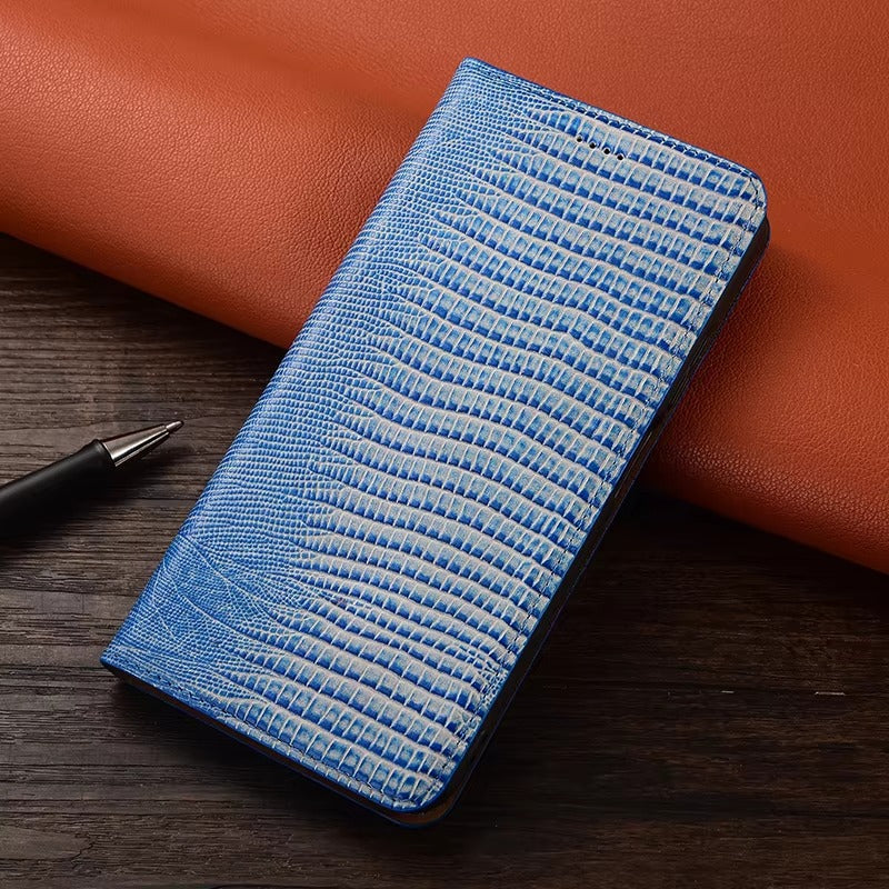 Premium iPhone Case Genuine Cowhide Leather Flip Cover Crocodile Grain Wallet Card Holder Magnetic Closure Shockproof Full Protection Slim Design