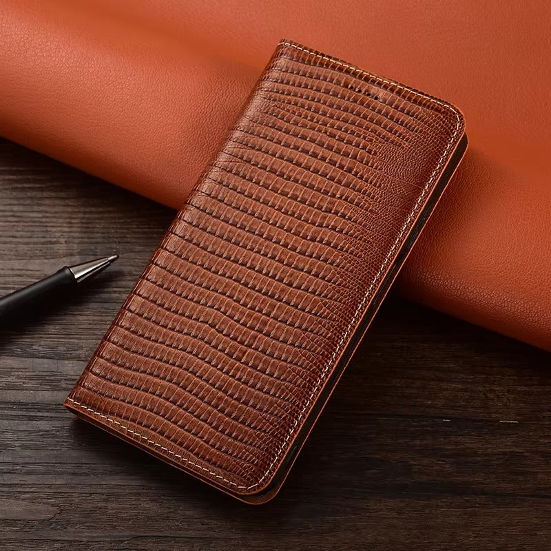 Premium iPhone Case Genuine Cowhide Leather Flip Cover Crocodile Grain Wallet Card Holder Magnetic Closure Shockproof Full Protection Slim Design