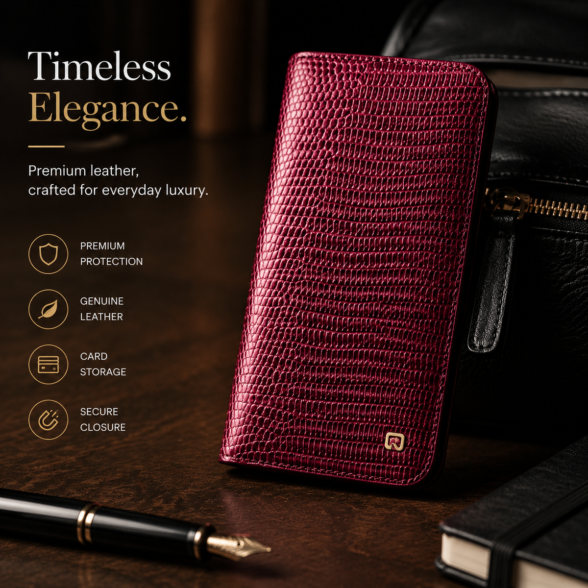 Premium iPhone Case Genuine Cowhide Leather Flip Cover Crocodile Grain Wallet Card Holder Magnetic Closure Shockproof Full Protection Slim Design