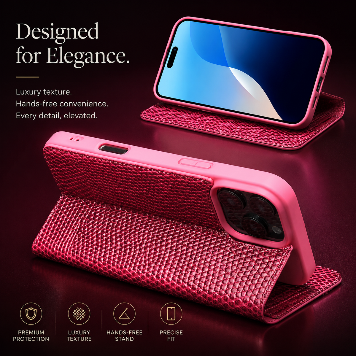 Premium iPhone Case Genuine Cowhide Leather Flip Cover Crocodile Grain Wallet Card Holder Magnetic Closure Shockproof Full Protection Slim Design