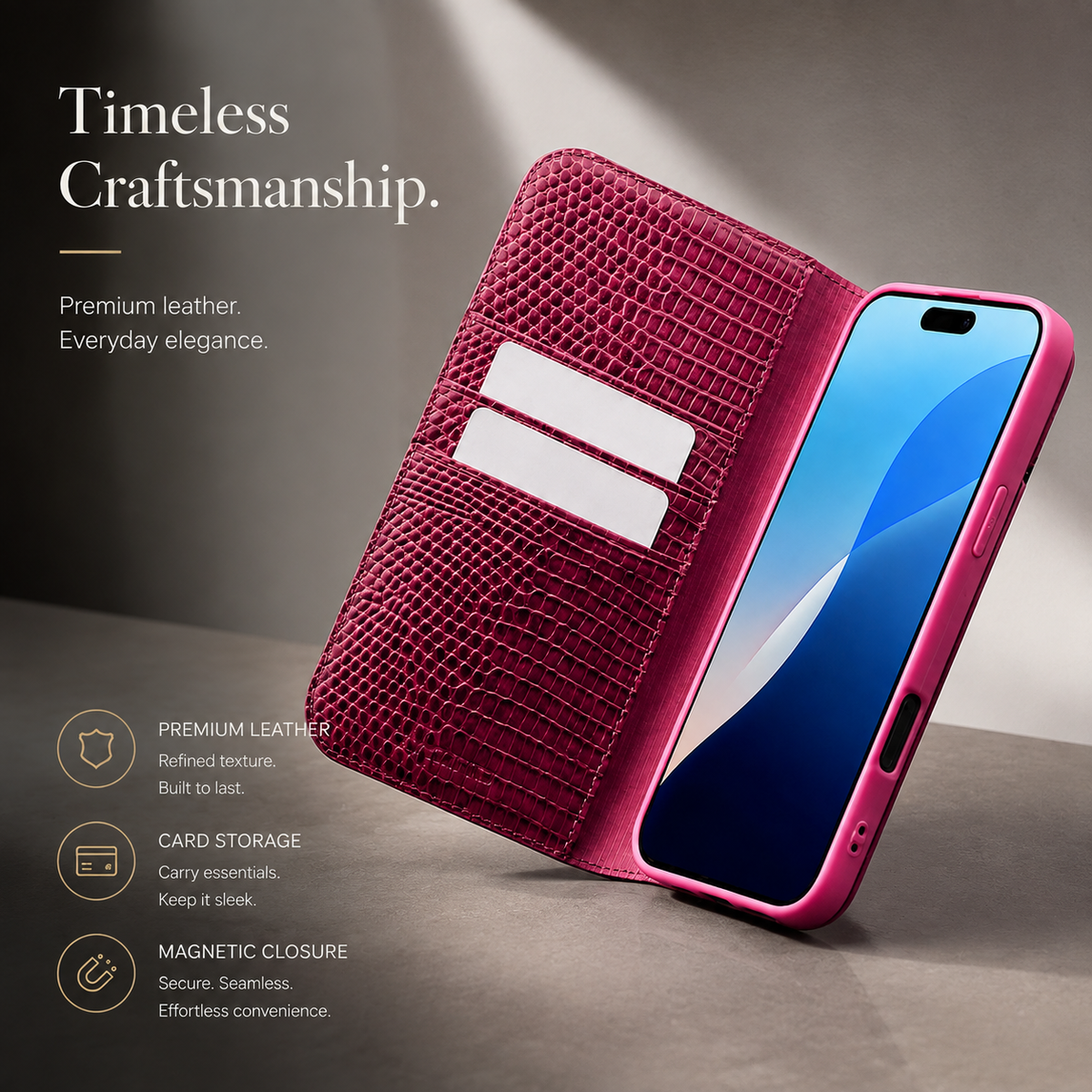 Premium iPhone Case Genuine Cowhide Leather Flip Cover Crocodile Grain Wallet Card Holder Shockproof Full Protection Slim Magnetic Closure Stand Design
