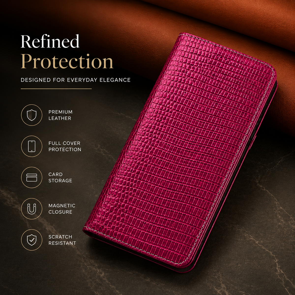 Premium iPhone Case Genuine Cowhide Leather Flip Cover Crocodile Grain Wallet Card Holder Shockproof Full Protection Slim Magnetic Closure Stand Design