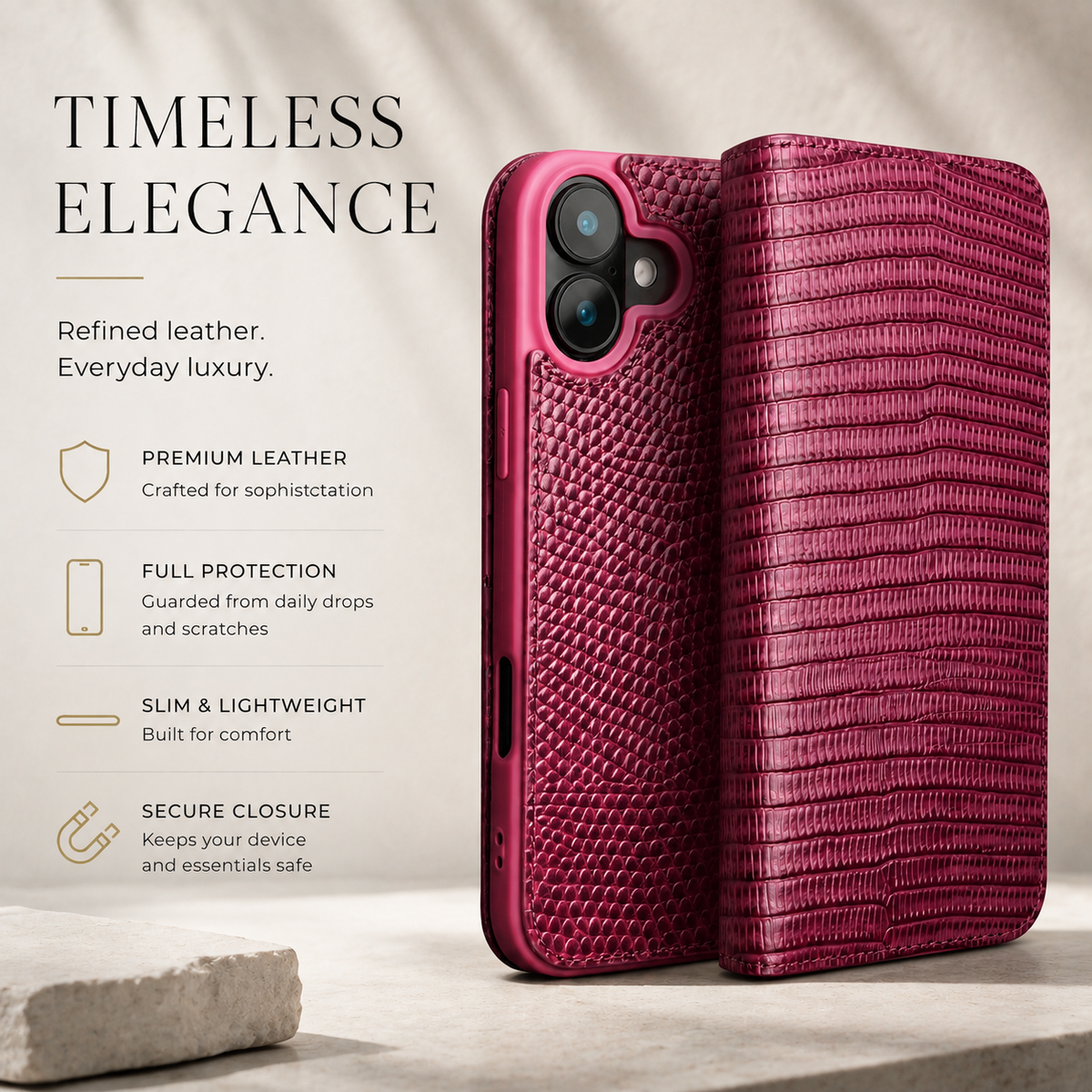 Premium iPhone Case Genuine Cowhide Leather Flip Cover Crocodile Grain Wallet Card Holder Shockproof Full Protection Slim Magnetic Closure Stand Design