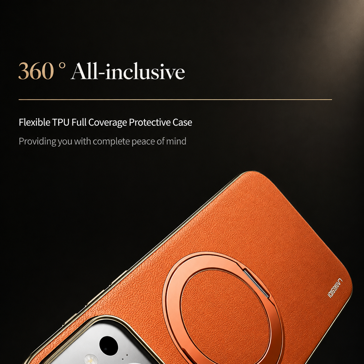 Premium iPhone Case Genuine Cowhide Leather Magnetic Ring Kickstand Shockproof Protective Cover PC TPU Camera Lens Protection 360 Rotating Non Slip Slim