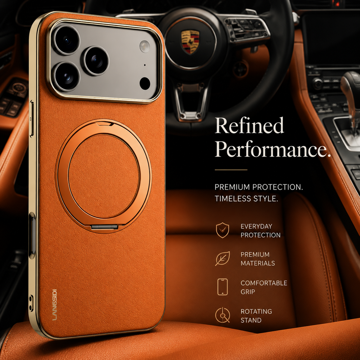 Premium iPhone Case Genuine Cowhide Leather Magnetic Ring Kickstand Shockproof Protective Cover PC TPU Camera Lens Protection 360 Rotating Non Slip Slim