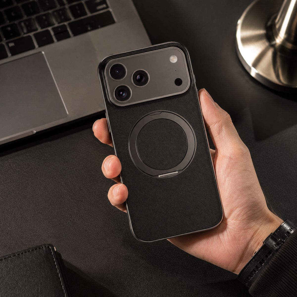 Premium iPhone Case Genuine Cowhide Leather Magnetic Ring Kickstand Shockproof Protective Cover PC TPU Camera Lens Protection 360 Rotating Non Slip Slim