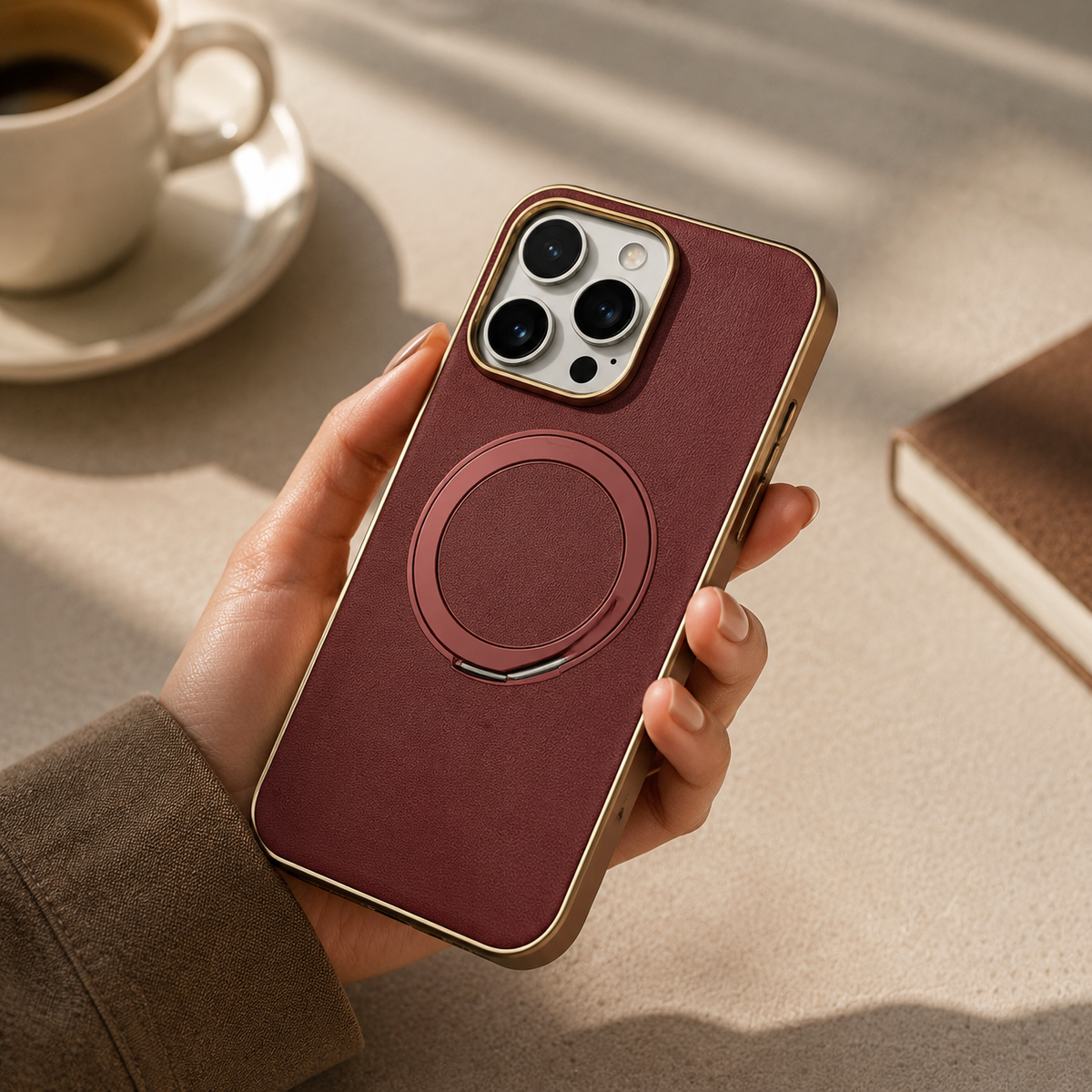 Premium iPhone Case Genuine Cowhide Leather Magnetic Ring Kickstand Shockproof Protective Cover PC TPU Camera Lens Protection 360 Rotating Non Slip Slim