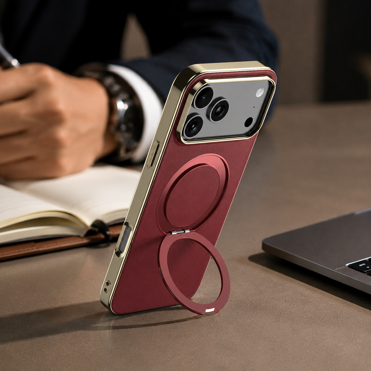 Premium iPhone Case Genuine Cowhide Leather Magnetic Ring Kickstand Shockproof Protective Cover PC TPU Camera Lens Protection 360 Rotating Non Slip Slim