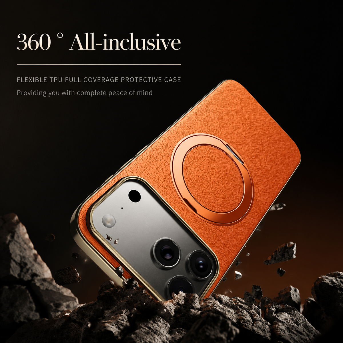 Premium iPhone Case Genuine Cowhide Leather Magnetic Ring Kickstand Shockproof Protective Cover PC TPU Camera Lens Protection 360 Rotating Non Slip Slim