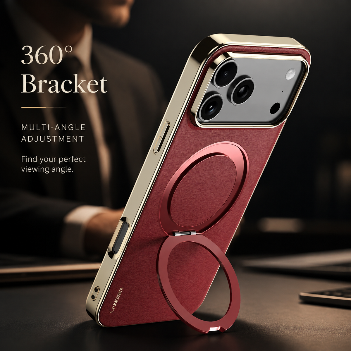 Premium iPhone Case Genuine Cowhide Leather Magnetic Ring Kickstand Shockproof Protective Cover PC TPU Camera Lens Protection 360 Rotating Non Slip Slim