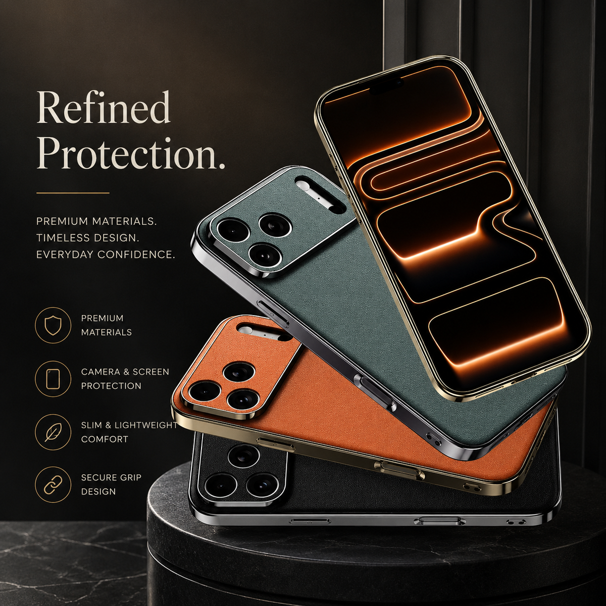 Premium iPhone Case Genuine Cowhide Leather Protective Cover Shockproof Frame Full Camera Lens Protection Anti Slip Matte Finish Slim Design