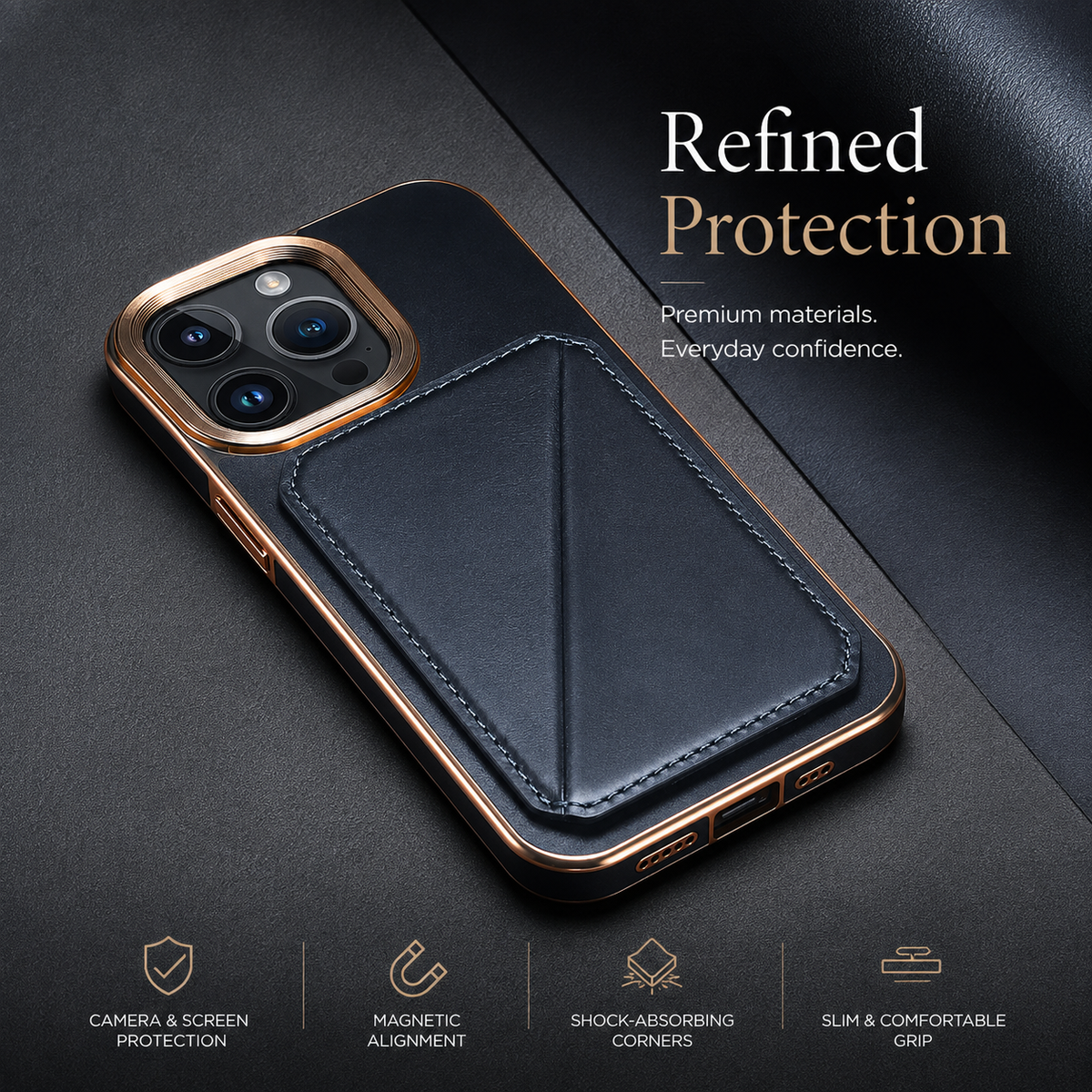 Premium iPhone Case Genuine Cowhide Leather Wallet Cover Magnetic Card Holder Plating Frame Shockproof Protection Full Body Slim Elegant Design