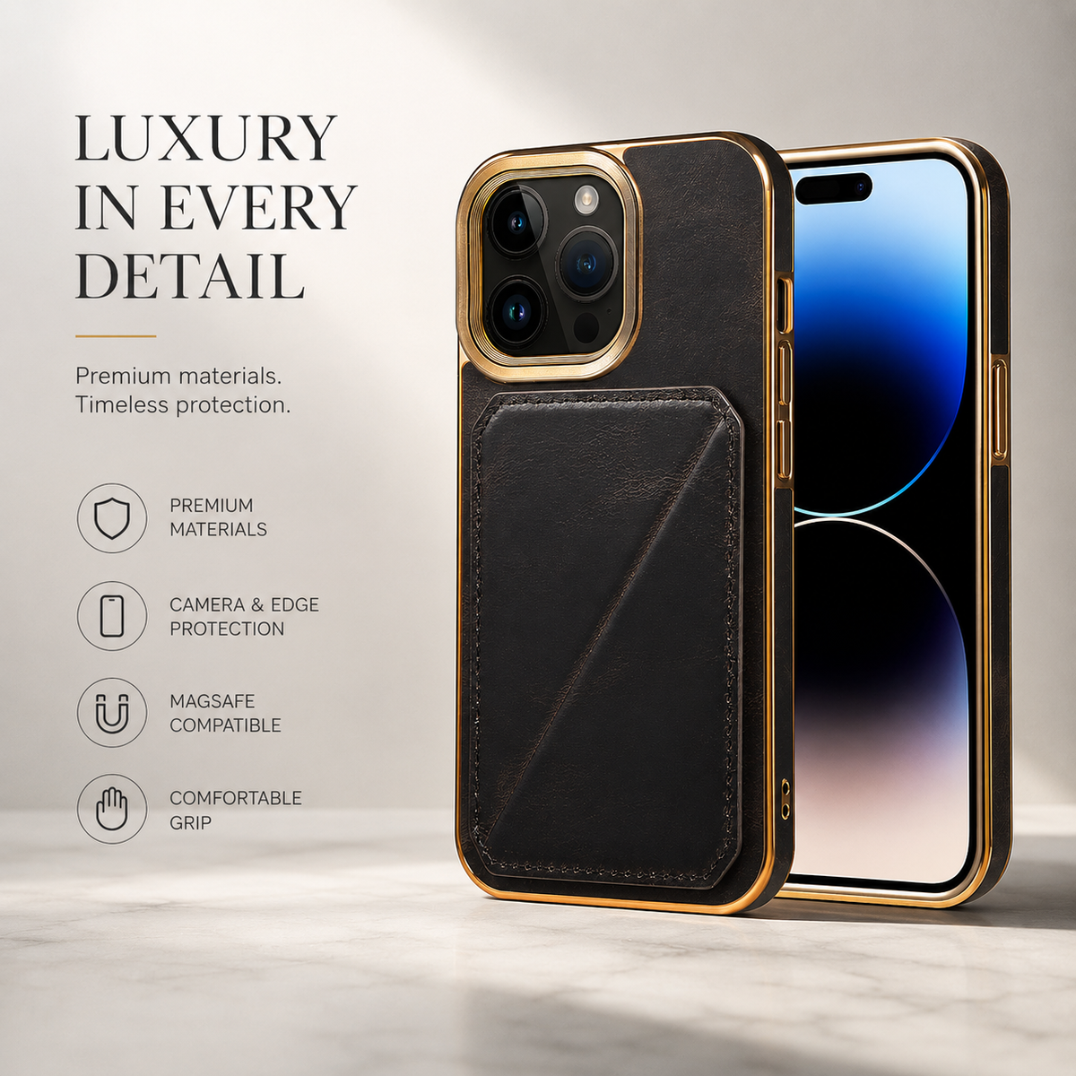Premium iPhone Case Genuine Cowhide Leather Wallet Cover Magnetic Card Holder Plating Frame Shockproof Protection Full Body Slim Elegant Design