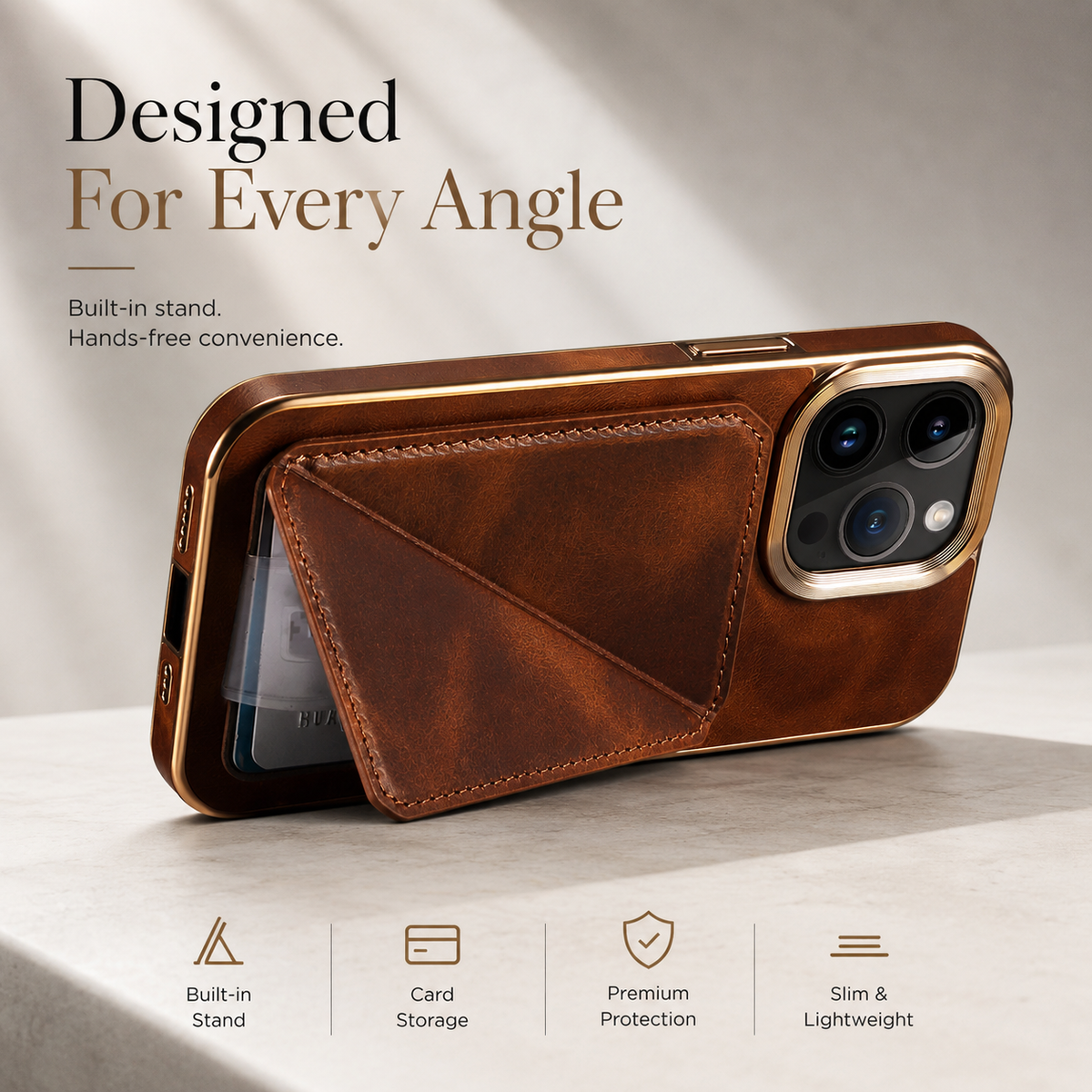 Premium iPhone Case Genuine Cowhide Leather Wallet Cover Magnetic Card Holder Plating Frame Shockproof Protection Full Body Slim Elegant Design