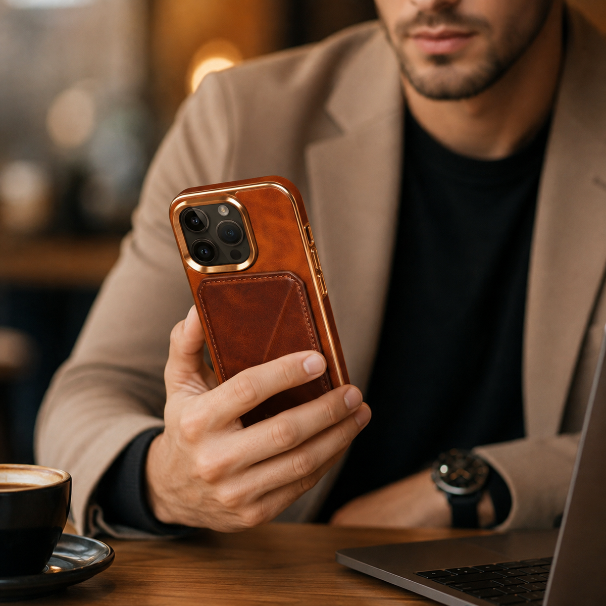 Premium iPhone Case Genuine Cowhide Leather Wallet Cover Magnetic Card Holder Plating Frame Shockproof Protection Full Body Slim Elegant Design