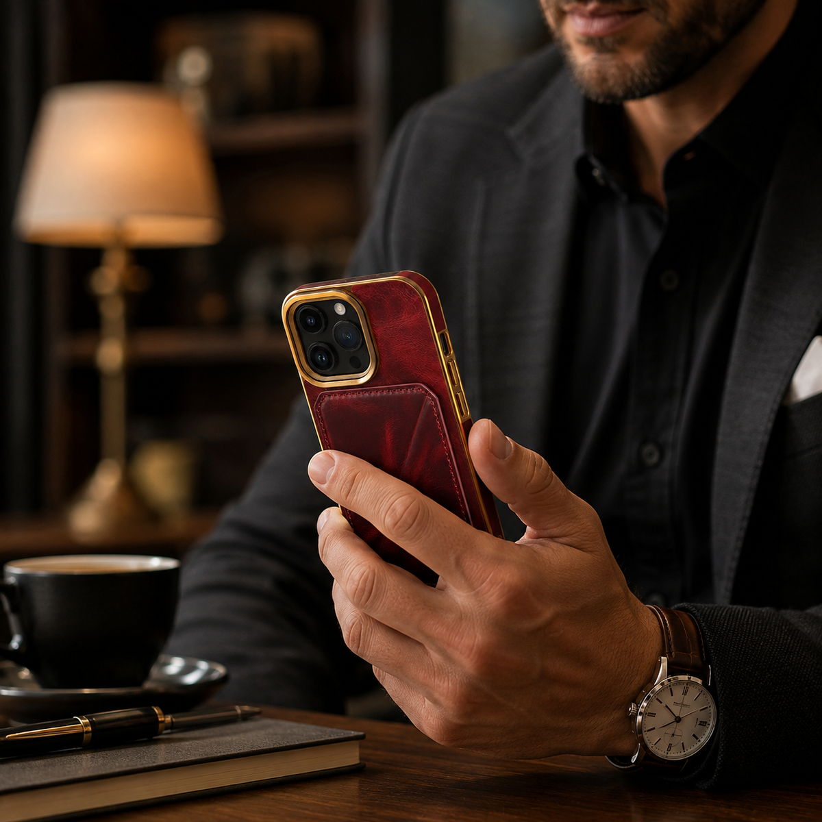 Premium iPhone Case Genuine Cowhide Leather Wallet Cover Magnetic Card Holder Plating Frame Shockproof Protection Full Body Slim Elegant Design