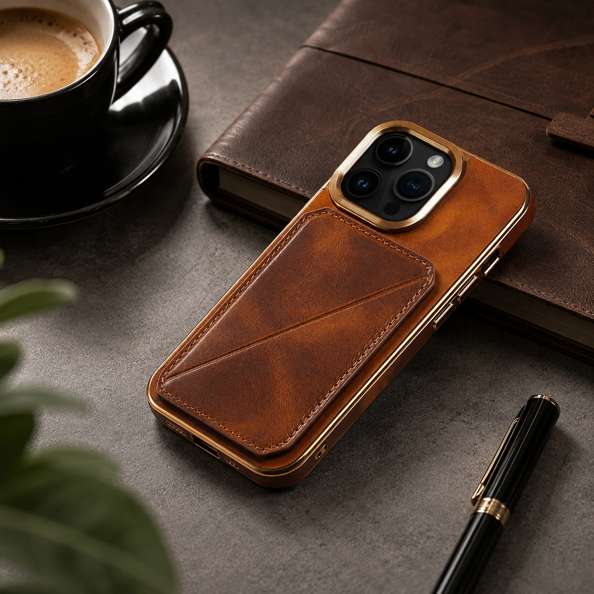 Premium iPhone Case Genuine Cowhide Leather Wallet Cover Magnetic Card Holder Plating Frame Shockproof Protection Full Body Slim Elegant Design