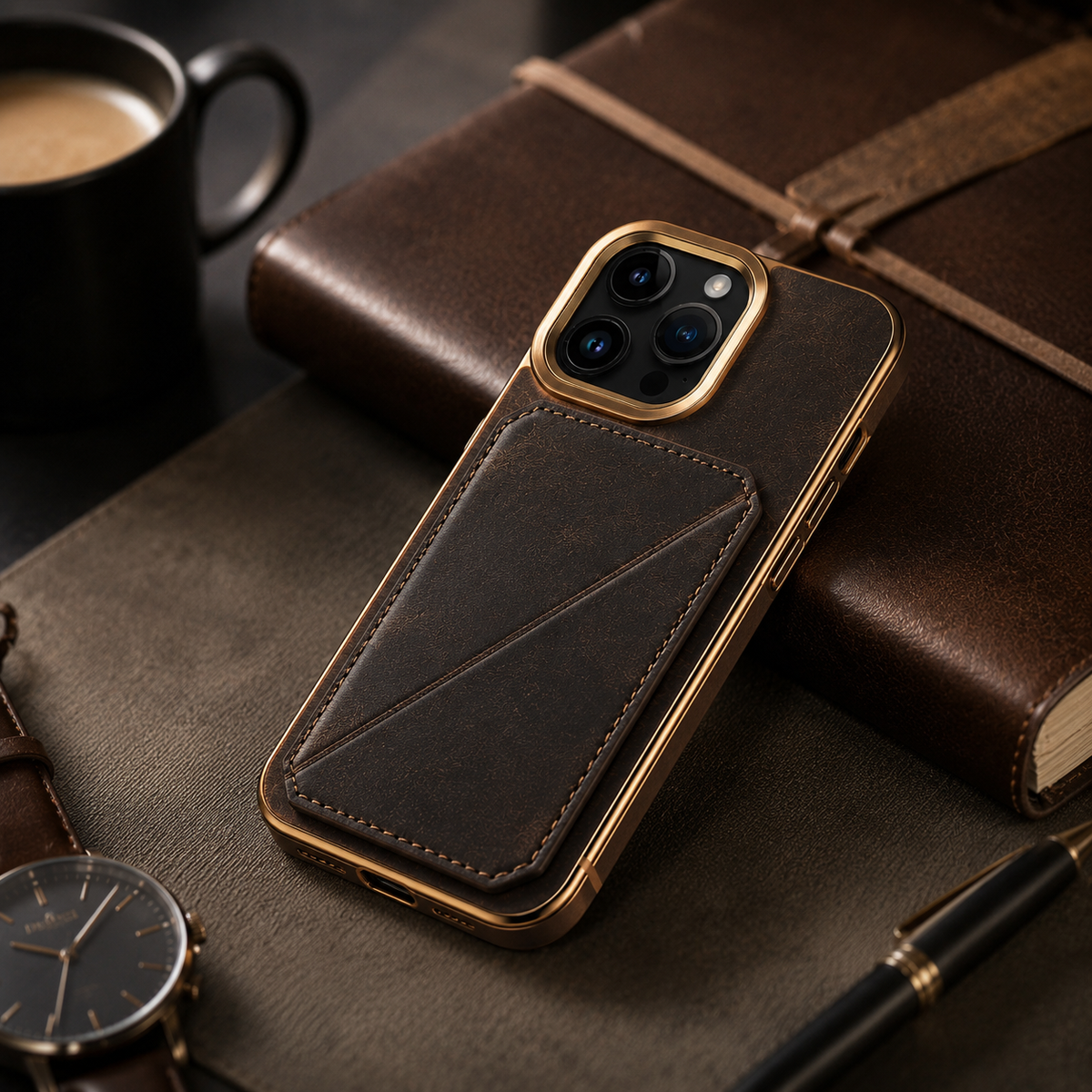 Premium iPhone Case Genuine Cowhide Leather Wallet Cover Magnetic Card Holder Plating Frame Shockproof Protection Full Body Slim Elegant Design
