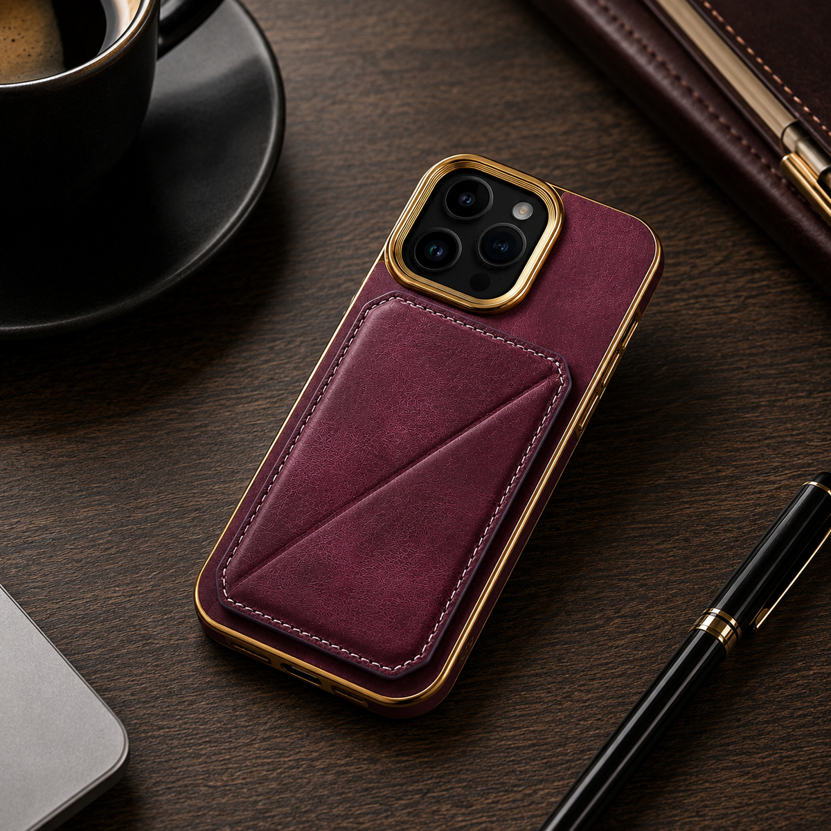 Premium iPhone Case Genuine Cowhide Leather Wallet Cover Magnetic Card Holder Plating Frame Shockproof Protection Full Body Slim Elegant Design
