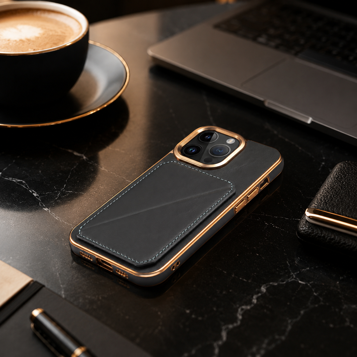 Premium iPhone Case Genuine Cowhide Leather Wallet Cover Magnetic Card Holder Plating Frame Shockproof Protection Full Body Slim Elegant Design