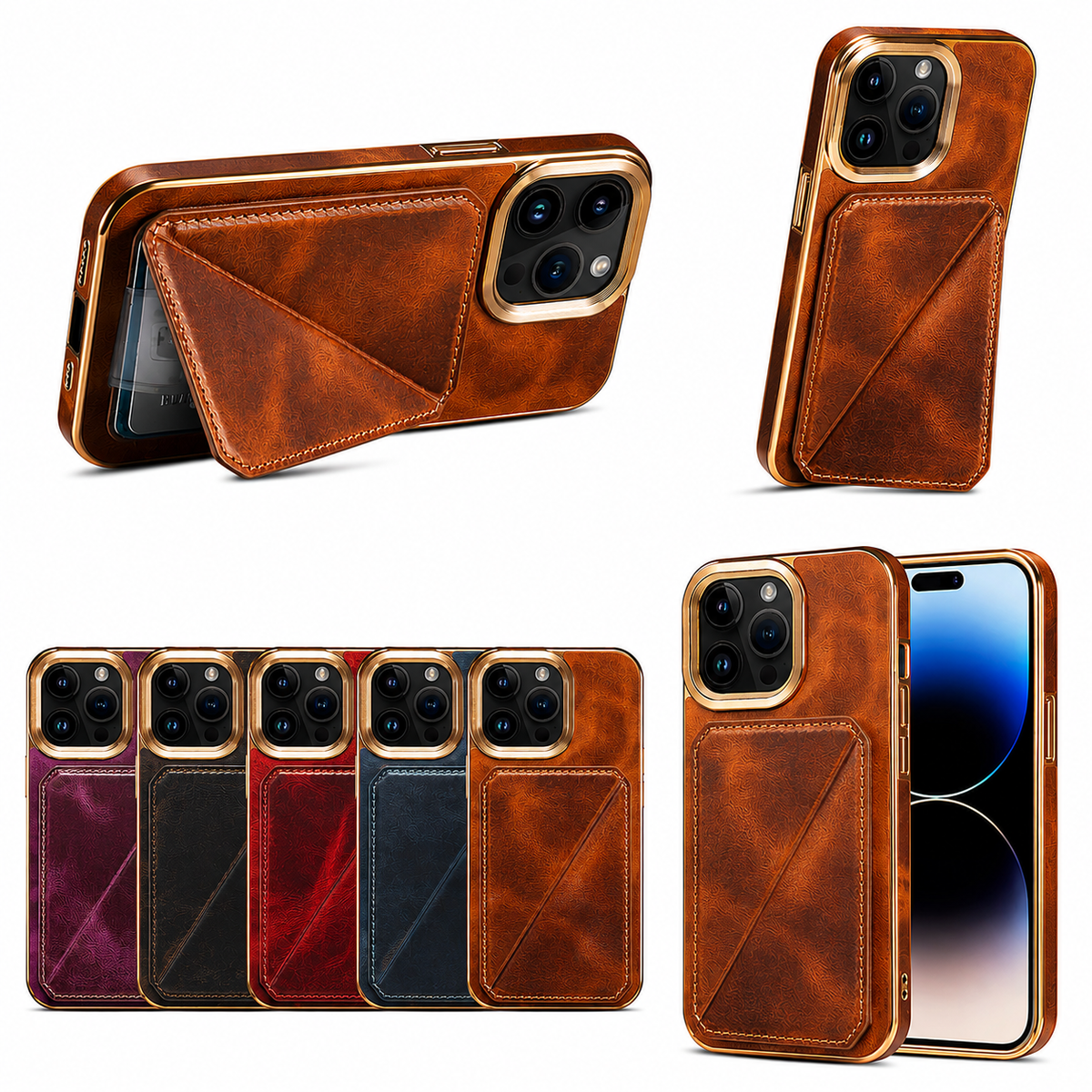 Premium iPhone Case Genuine Cowhide Leather Wallet Cover Magnetic Card Holder Plating Frame Shockproof Protection Full Body Slim Elegant Design