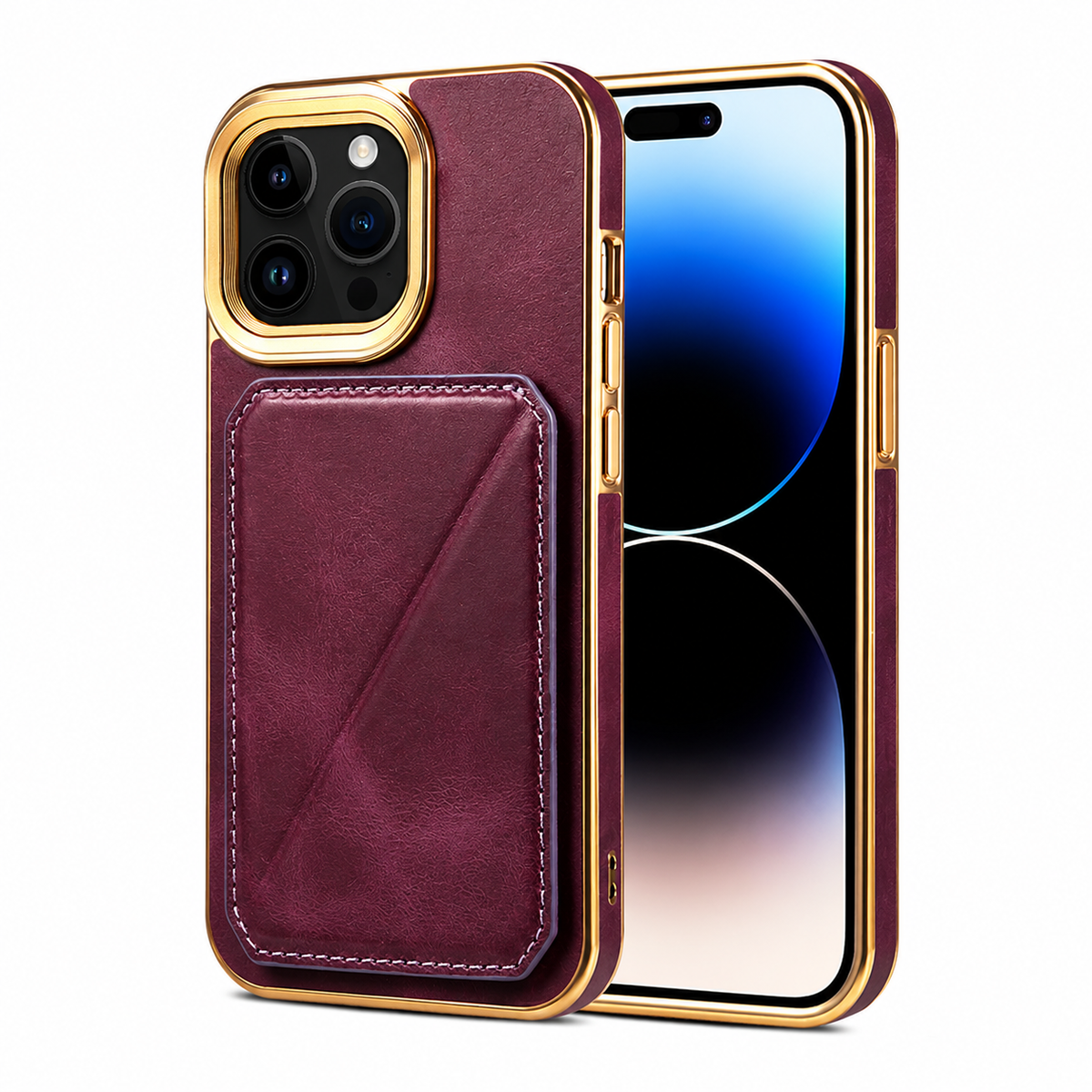 Premium iPhone Case Genuine Cowhide Leather Wallet Cover Magnetic Card Holder Plating Frame Shockproof Protection Full Body Slim Elegant Design