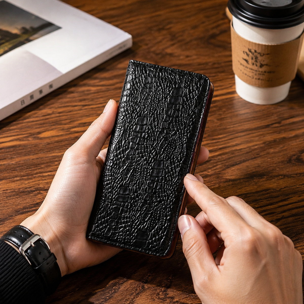 Premium iPhone Case Genuine Leather Flip Cover Crocodile Texture Wallet Card Holder Full Protection Anti Slip Shockproof Protective Case Secure Grip