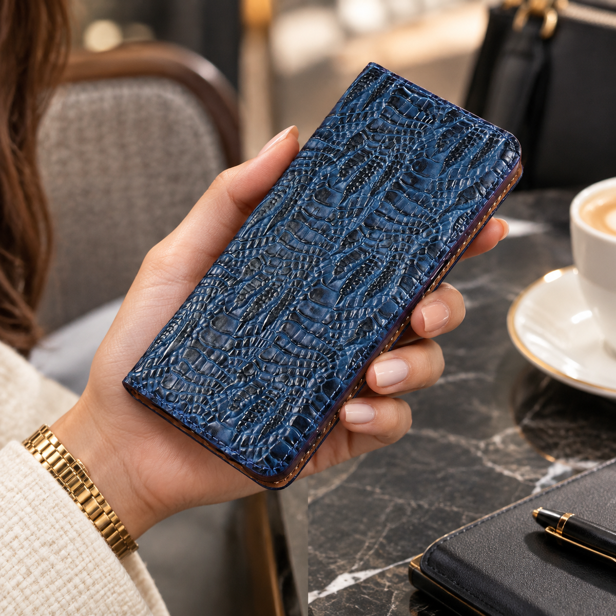 Premium iPhone Case Genuine Leather Flip Cover Crocodile Texture Wallet Card Holder Full Protection Anti Slip Shockproof Protective Case Secure Grip