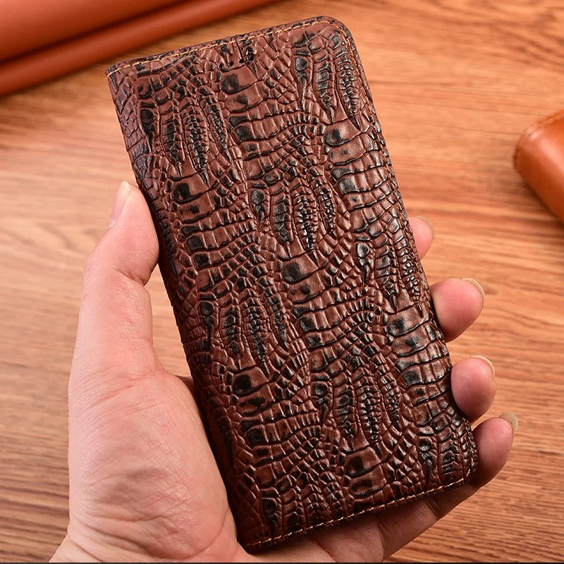 Premium iPhone Case Genuine Leather Flip Cover Crocodile Texture Wallet Card Holder Full Protection Anti Slip Shockproof Protective Case Secure Grip