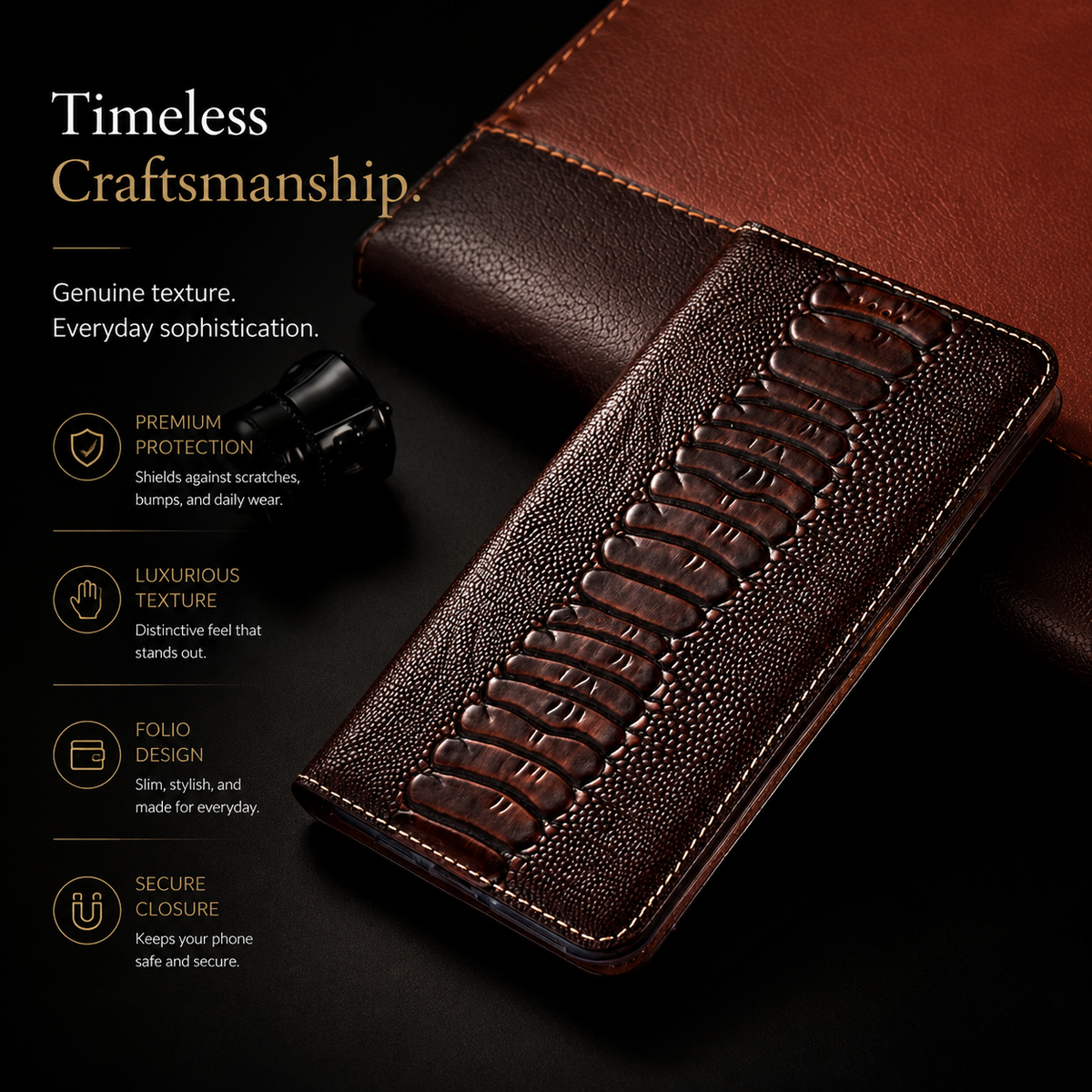 Premium iPhone Case Genuine Leather Flip Wallet Cover Card Slots Magnetic Closure Shockproof Full Protection Slim Elegant Kickstand Design