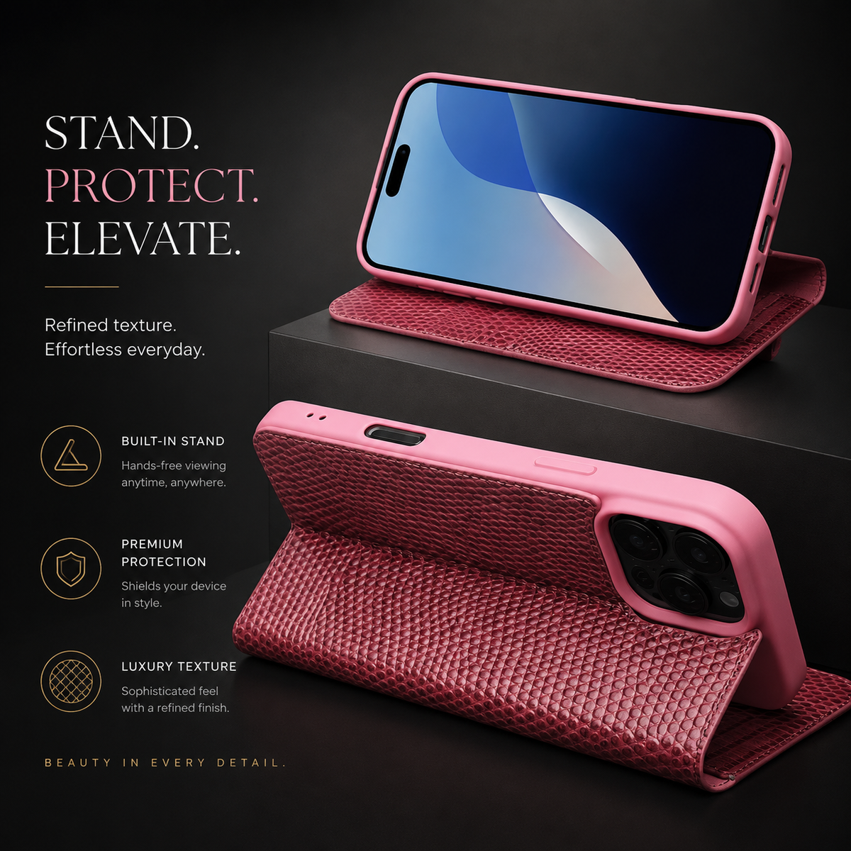Premium iPhone Case Genuine Leather Flip Wallet Magnetic Closure Kickstand Card Holder Full Coverage Shockproof Non Slip Lizard Texture Protective Cover