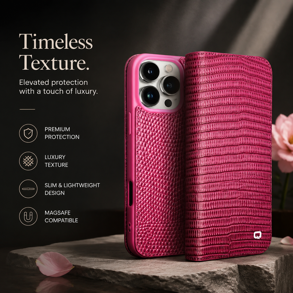 Premium iPhone Case Genuine Leather Flip Wallet Magnetic Closure Kickstand Card Holder Full Coverage Shockproof Non Slip Lizard Texture Protective Cover