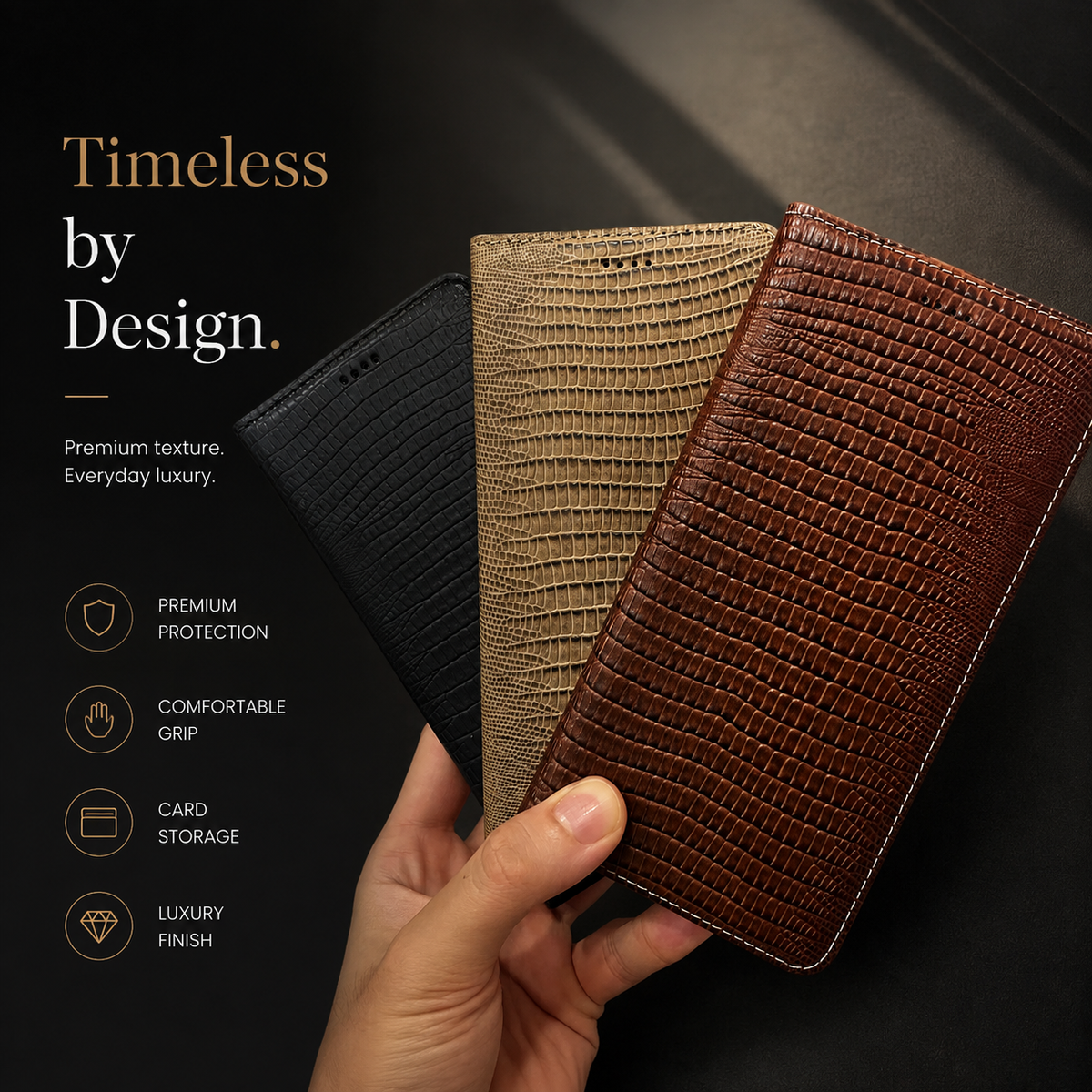 Premium iPhone Case Genuine Leather Flip Wallet Magnetic Closure Kickstand Card Holder Full Coverage Shockproof Non Slip Lizard Texture Protective Cover