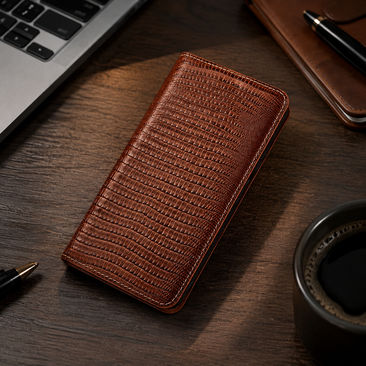 Premium iPhone Case Genuine Leather Flip Wallet Magnetic Closure Kickstand Card Holder Full Coverage Shockproof Non Slip Lizard Texture Protective Cover